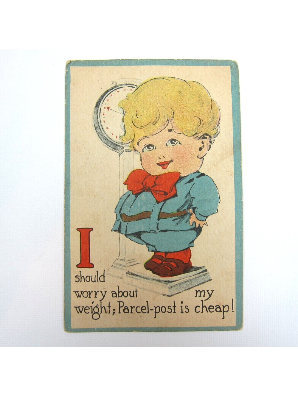 Postcard Comic Blond Boy on Scale Worry Weight Parcel Post Joke Antique c 1912